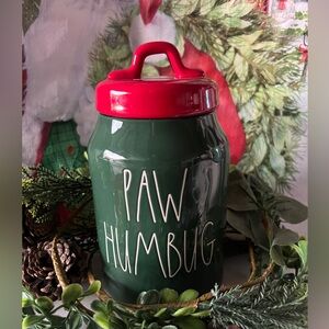 Rae Dunn Paw Humbug Christmas Holiday Dog Cat Pet Canister Red Green New